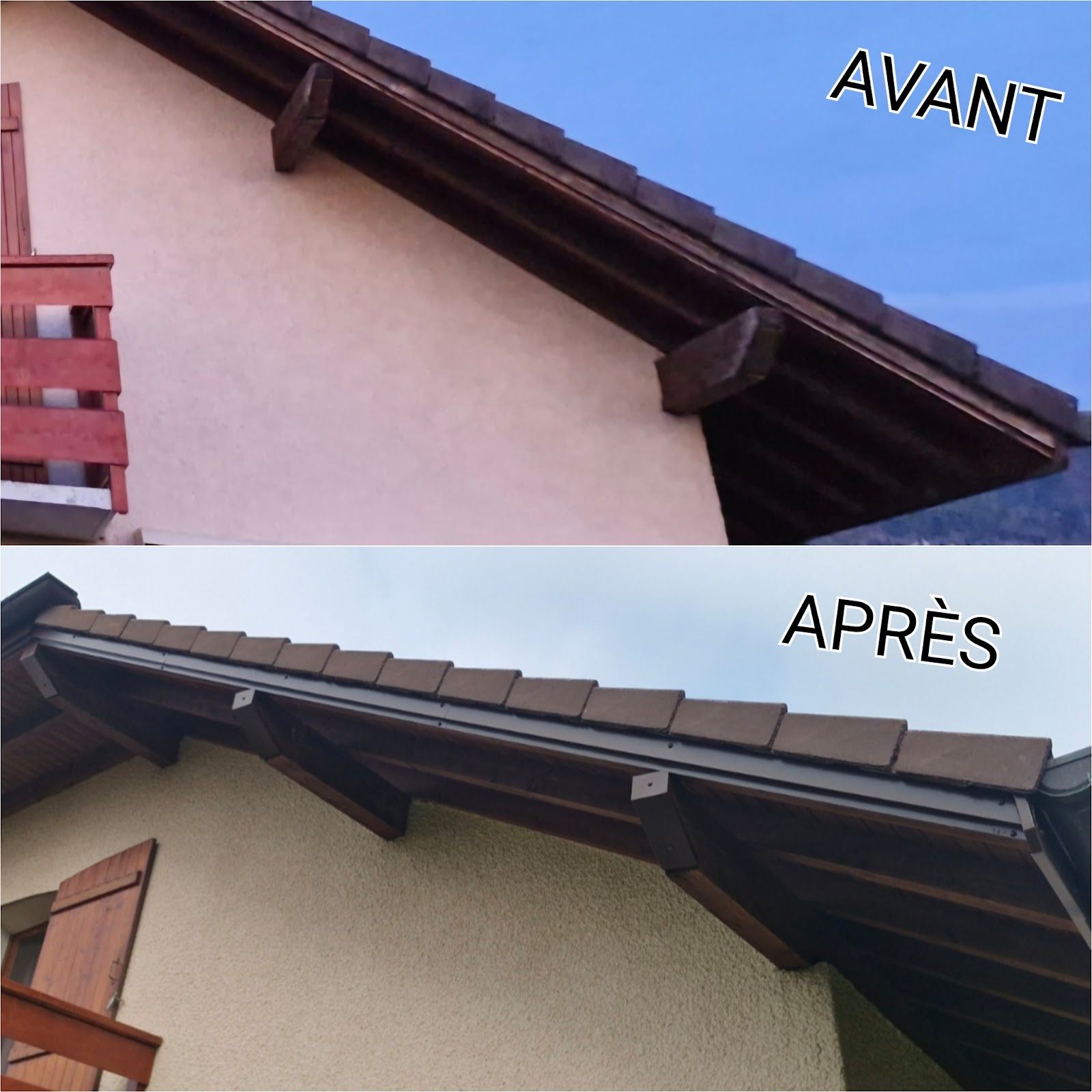 Avant et après la pose d'une gouttière et d'un habillage sur un pignon.