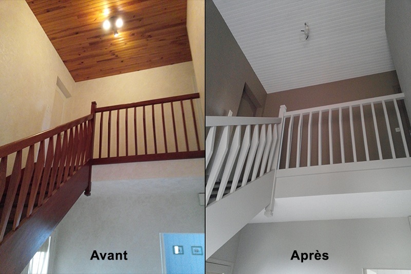 Cage d'escalier avant et après remise en peinture.