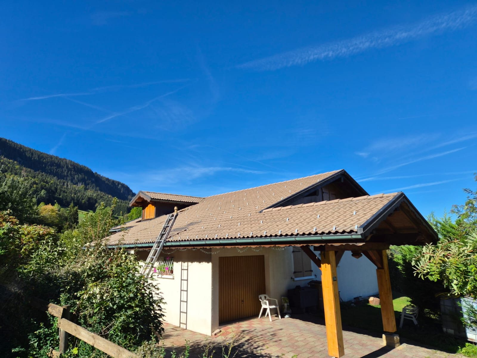 Avant : toiture d'un abri en tuiles beiges ternies