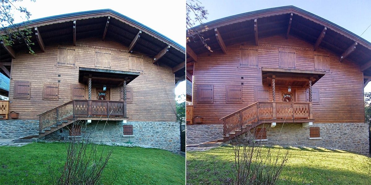 Chalet avant et après la rénovation de ses boiseries.