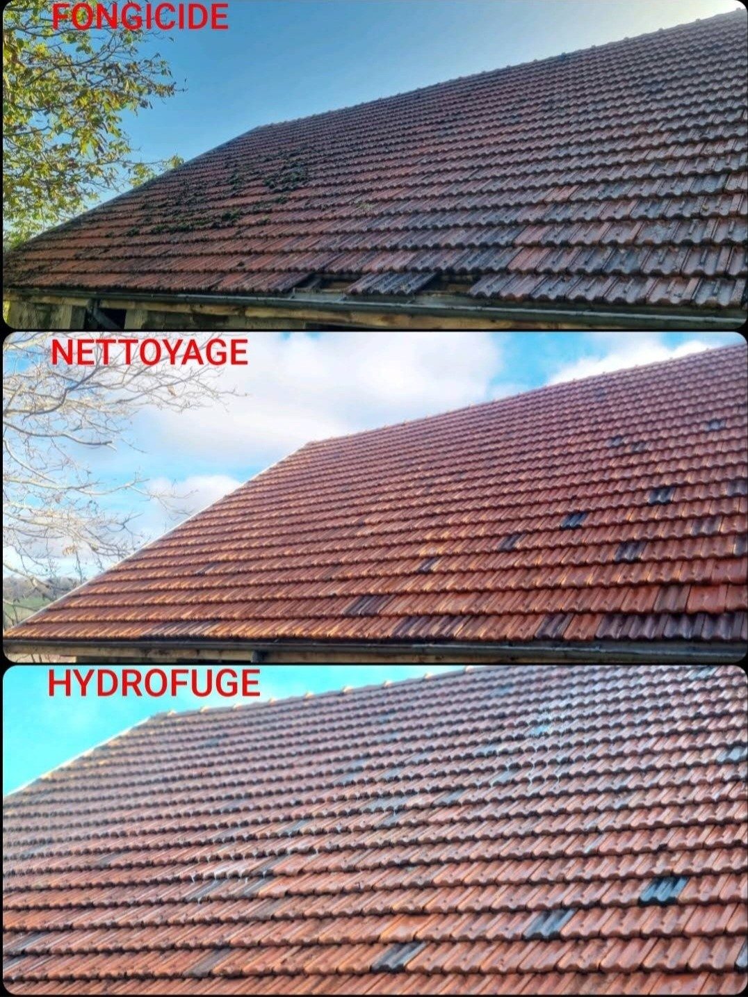 Fongicide, nettoyage puis hydrofuge sur le même toit.